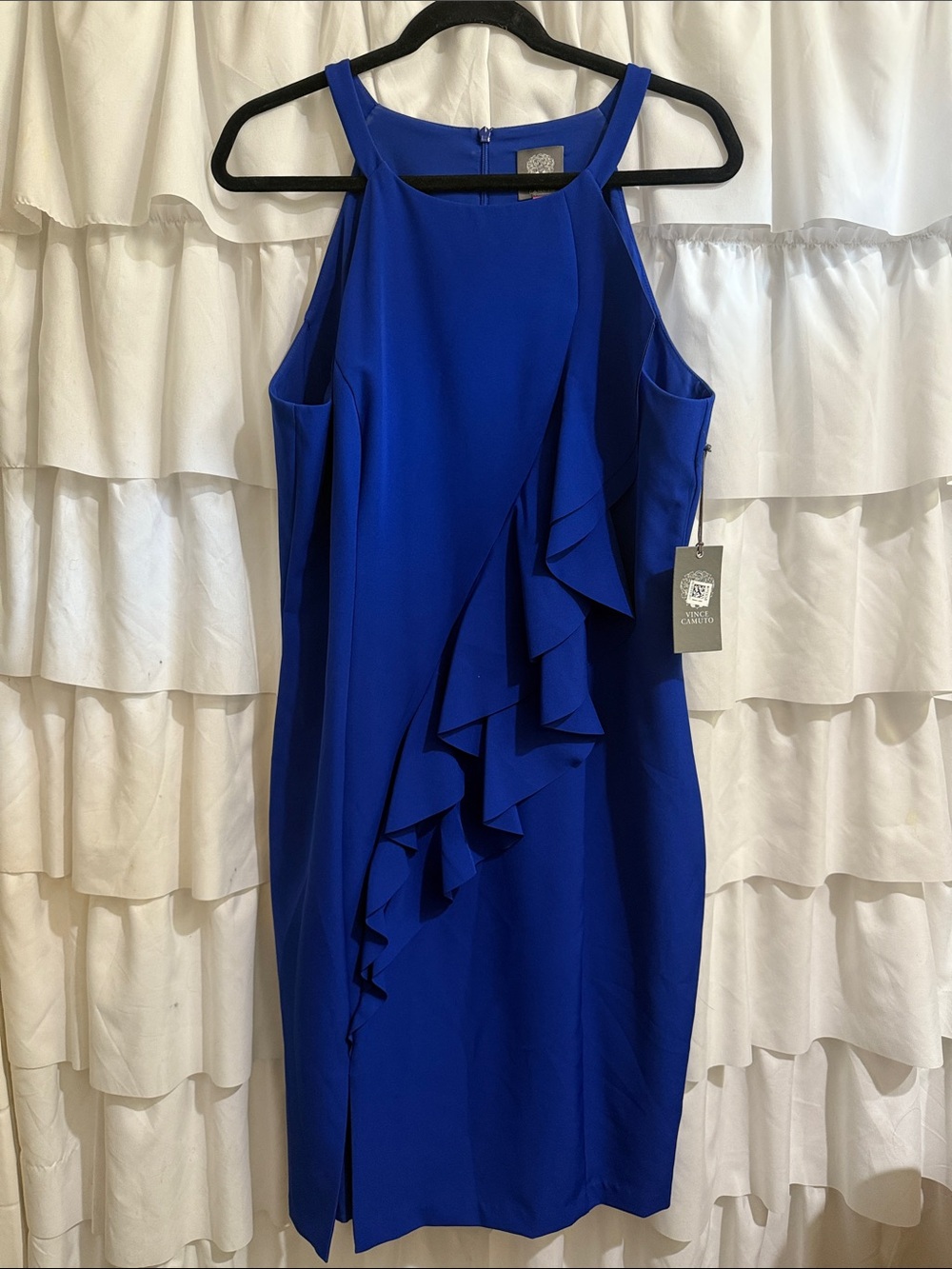Vince Camuto Royal Blue Halter Ruffle Midi Dress